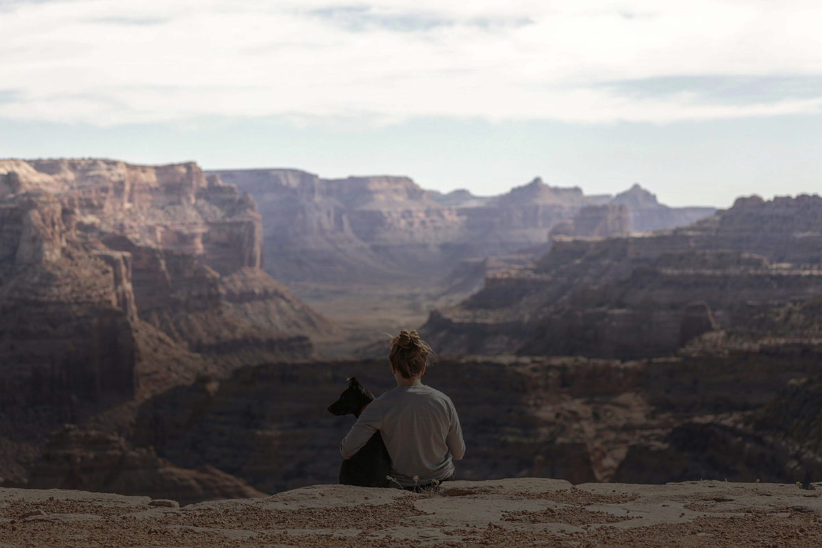 Person holds dog sitting next to edge of a cliff