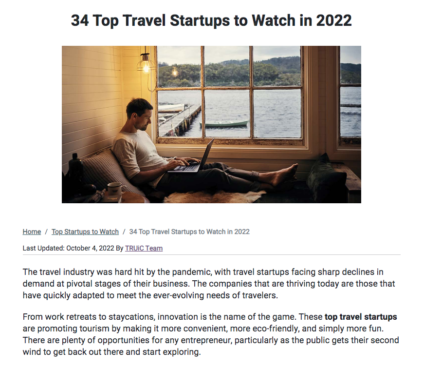 Screenshot news article featuring 34 top travel startups to watch 2022