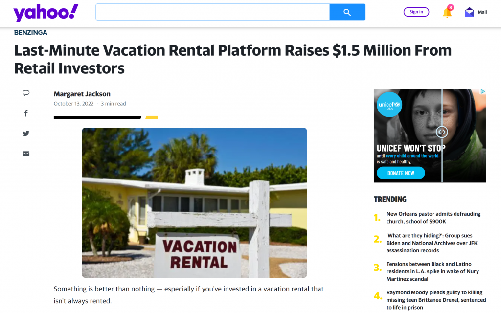 Yahoo screenshot of Whimstay article on capital raise