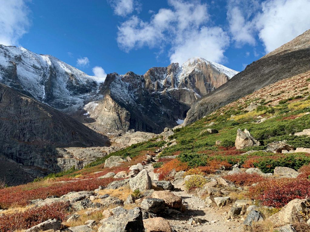 A mountain trail leading toward Chasm lake under Longs Peak, Colorado