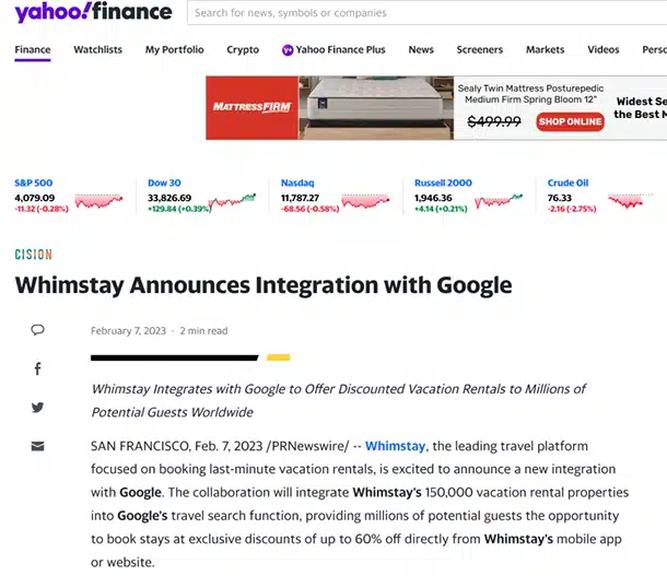 Whimstay Announces Integration with Google