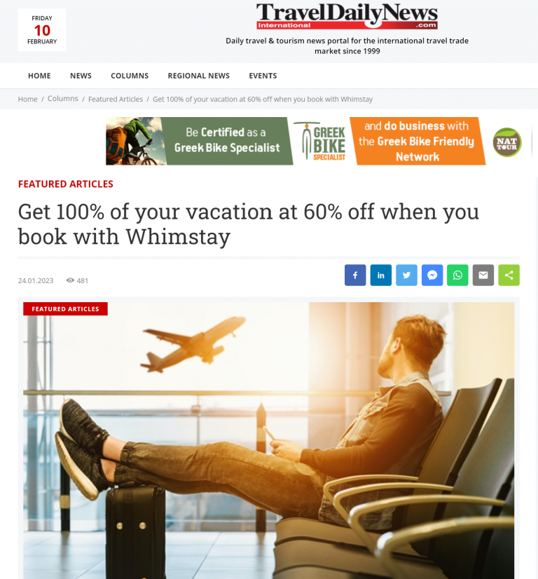 Whimstay featured on Travel Daily News