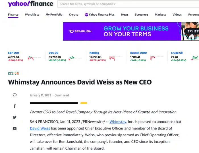 Whimstay Announces David Weiss as New CEO