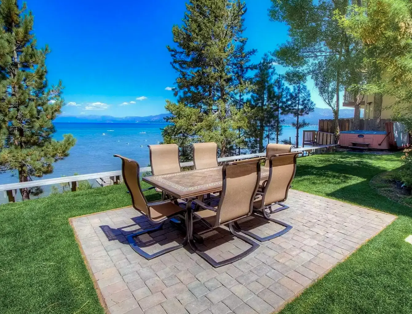 the back patio at luxury cabin rental overlooking lake tahoe