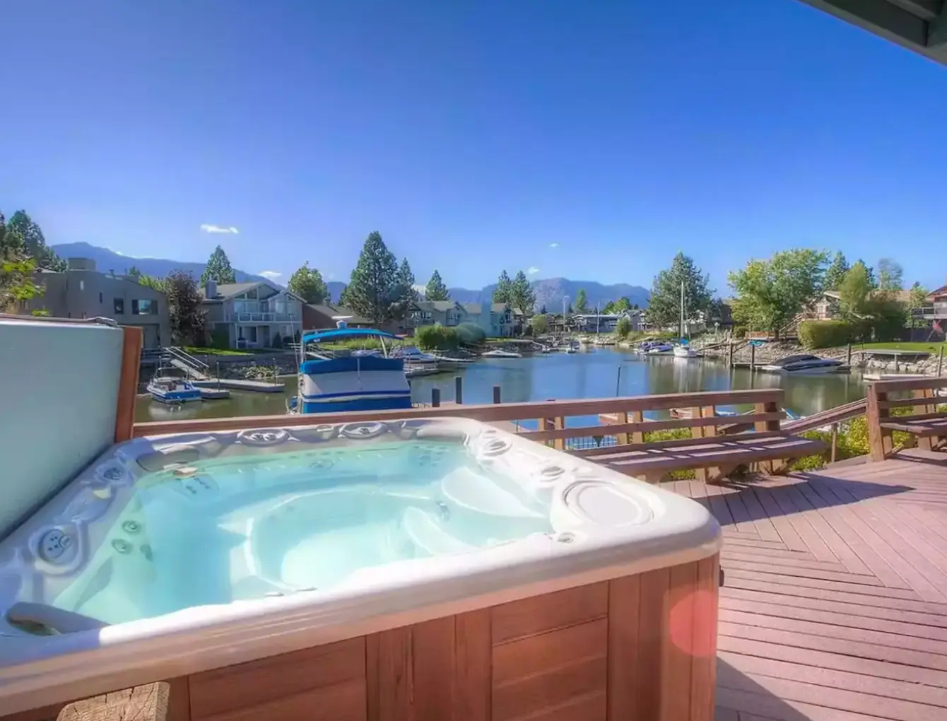 Views of lake tahoe from the hot tub of vacation cabin rental in tahoe keys