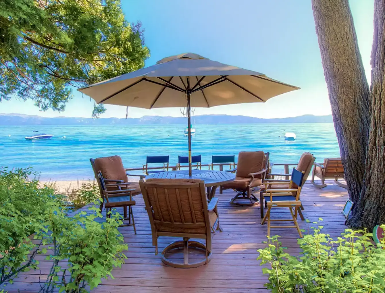 Patio on the lake at tahoe vacation rental cabin