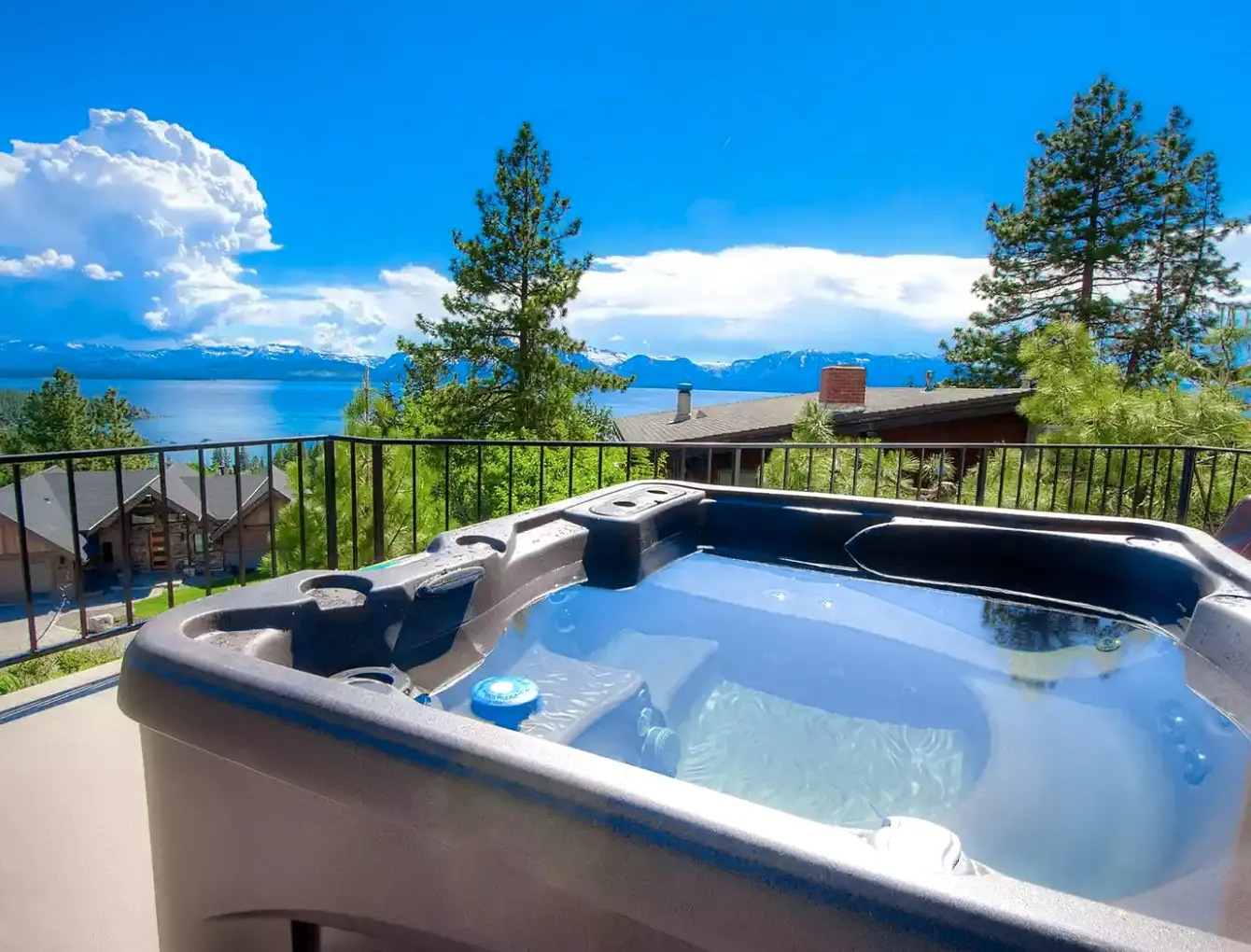 Vacation rental cabin with hot tub overlooking lake tahoe