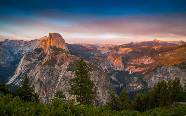 Sunset during a last minute trip to Yosemite National Park with a view of Half Dome