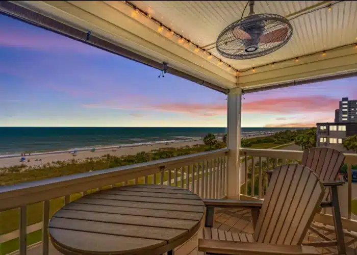 Sunset beach views from the deck of an affordable last minute vacation rental in Myrtle Beach