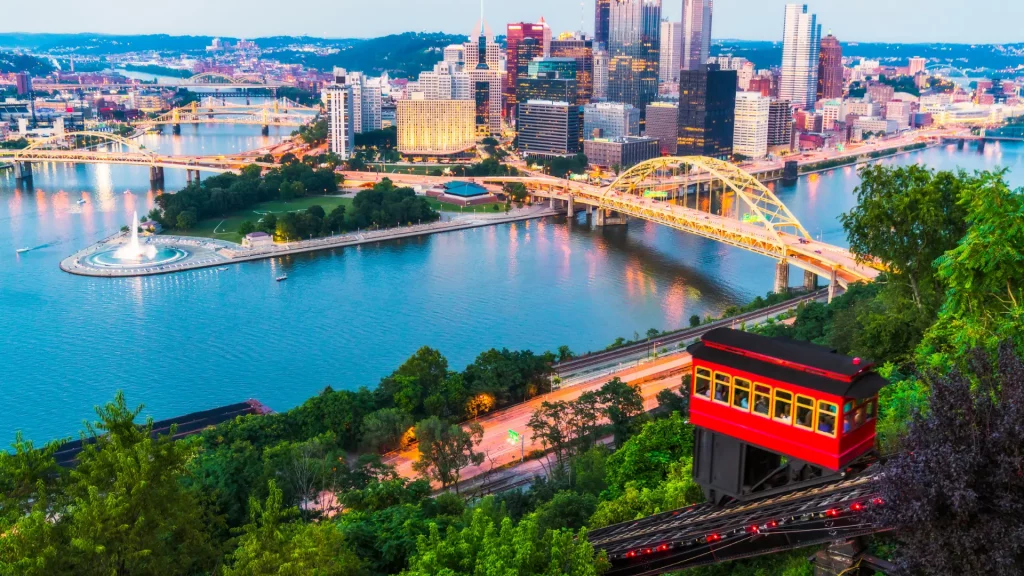 View of downtown Pittsburgh skyline with the Monongahela Incline