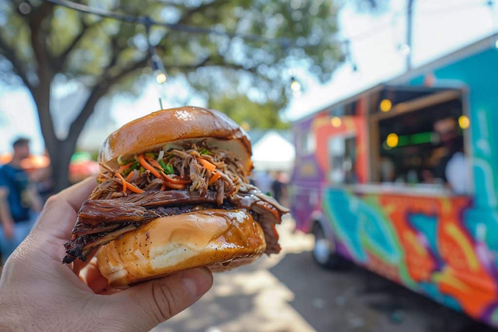 A hand holding a sandwich in front of a food truck.
