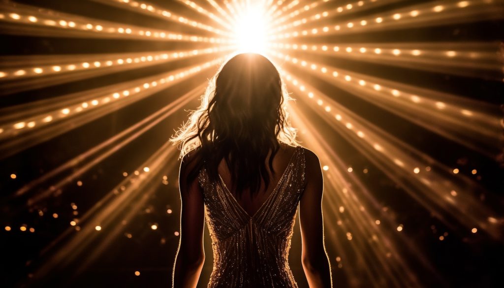 Woman on stage in front of lights.
