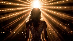 Woman on stage in front of lights.