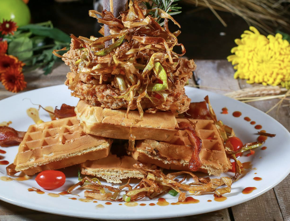 Waffles topped with hash browns