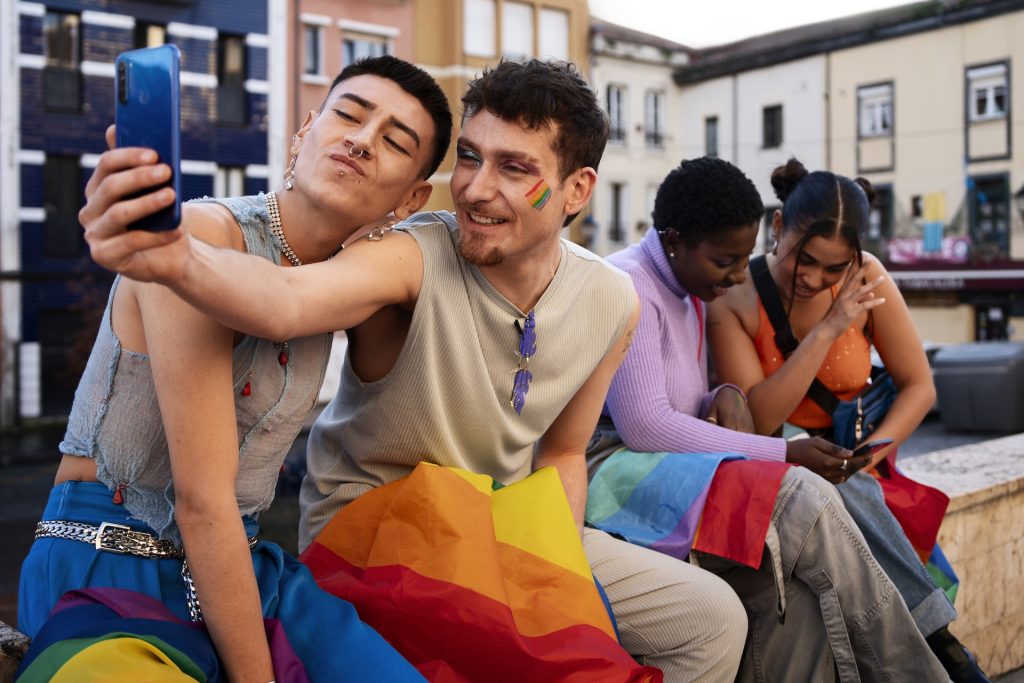 Friends taking a selfie during Pride