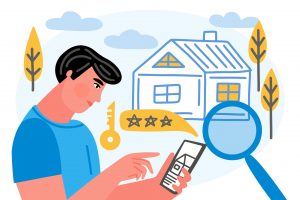 Cartoon of man looking at 3 star review for a vacation rental property