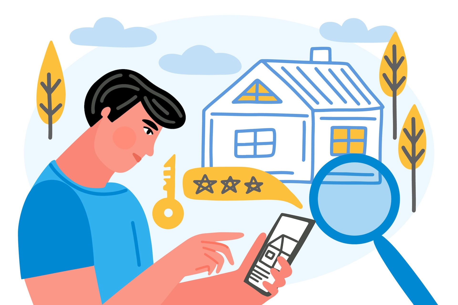Cartoon of man looking at 3 star review for a vacation rental property